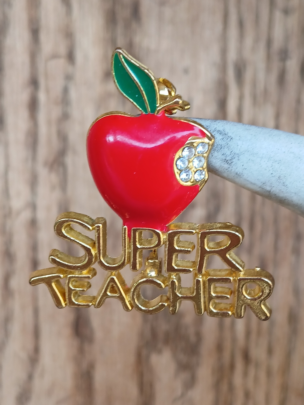 Vintage Super Teacher Red Enamel Apple Rhinestone Brooch Pin Gold Tone